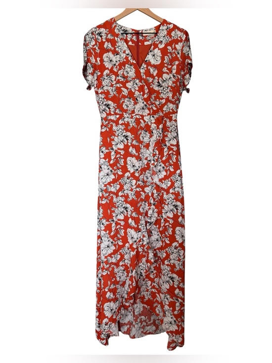 Roolee Dresses & Skirts - Roolee Burnt Orange w/ Black & White Floral Wrap-Style Ruffle Accent Maxi Dress